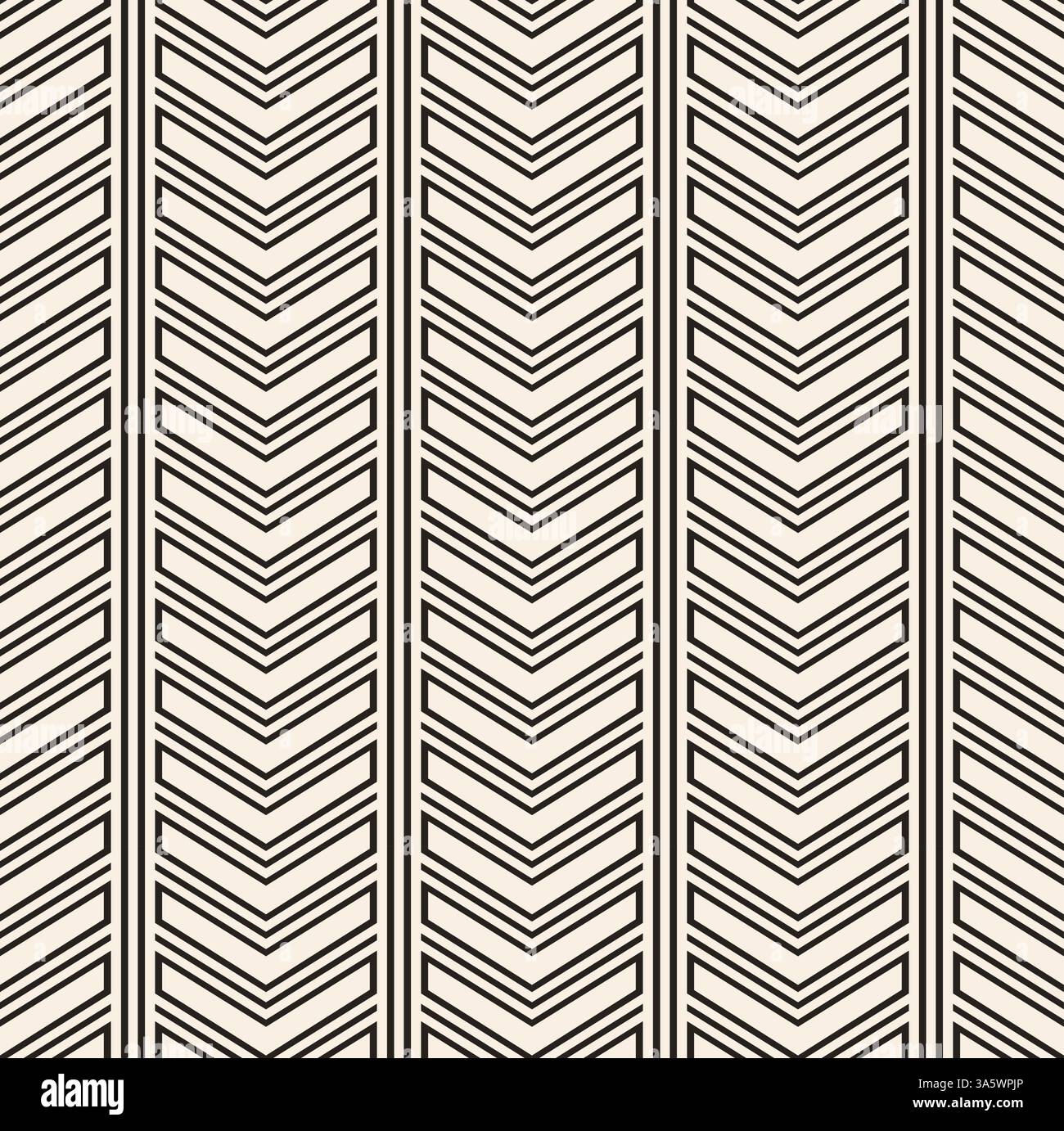 Ornamental black lines rectangles triangles seamless pattern. Black linear shapes on beige background. Vertical columns pattern. Stock Vector