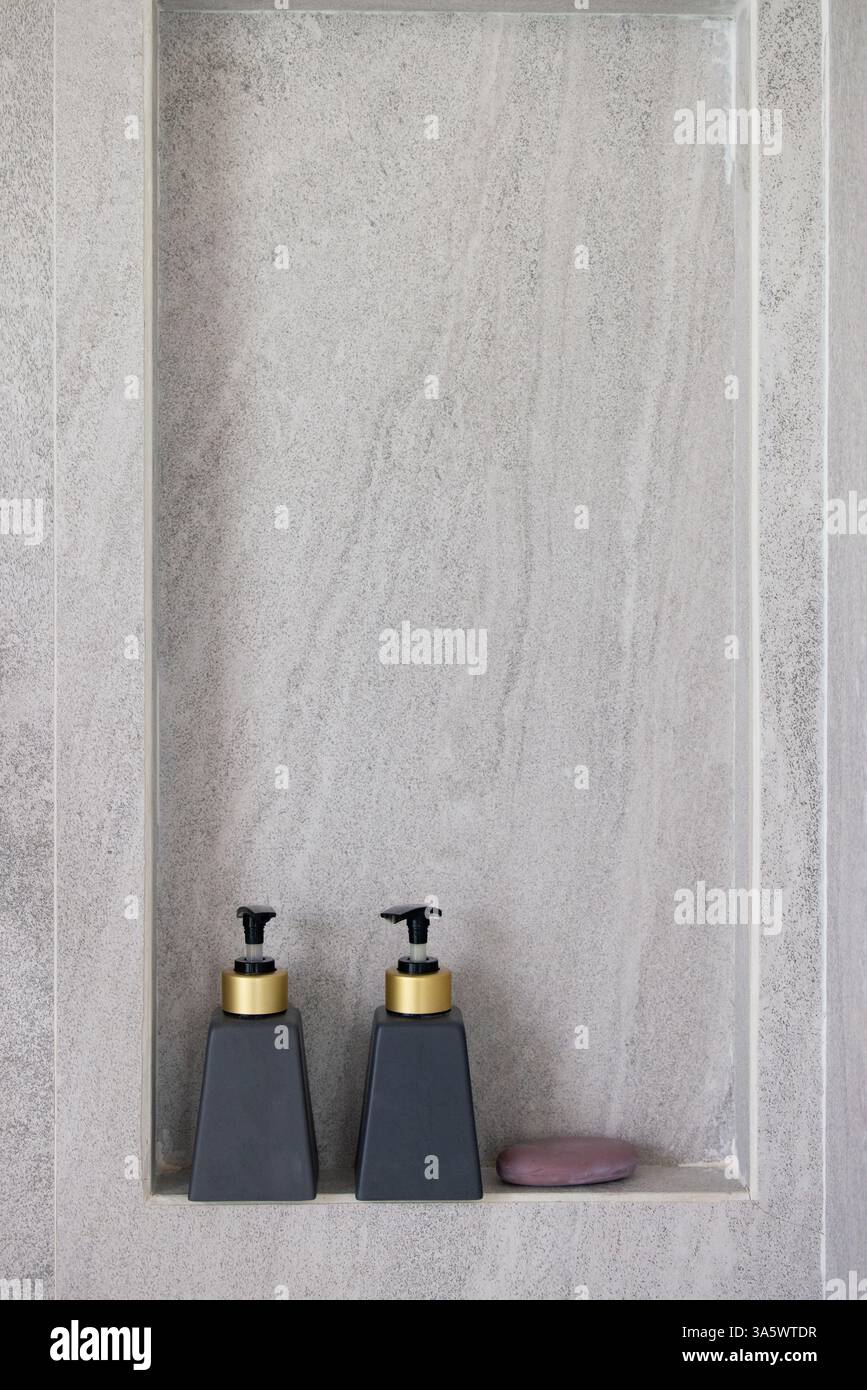 Photo inspiration: Two White Bottles Of Conditioner Shower Gel On Shelf In Photo Inspiration