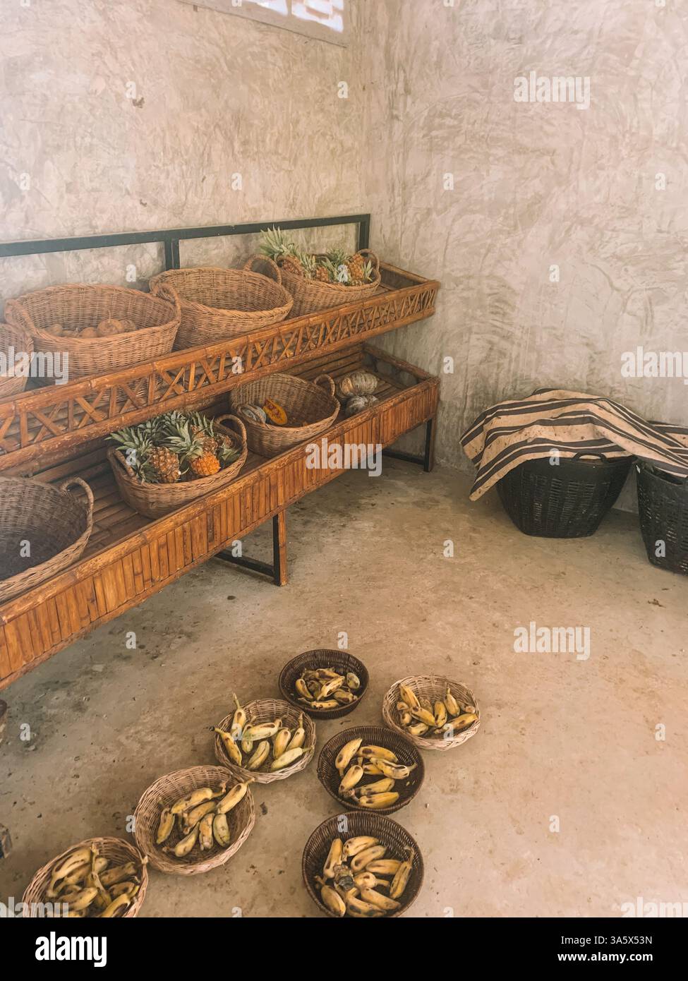 Baskets and Bananas on Wooden Shelves - Smartphone Captured Stock Image