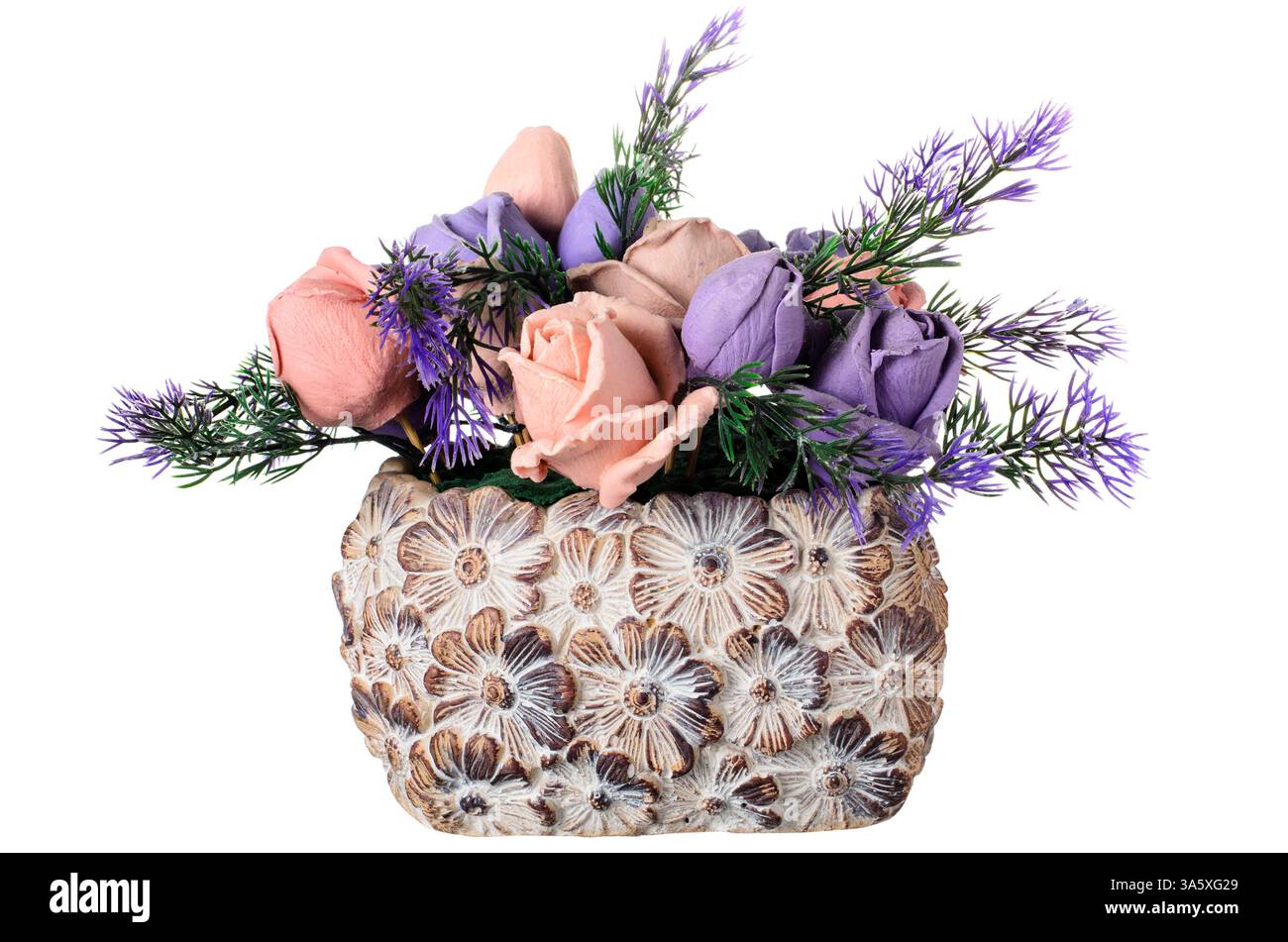Artificial Flowers in Decorative Stone Pot Stock Photo