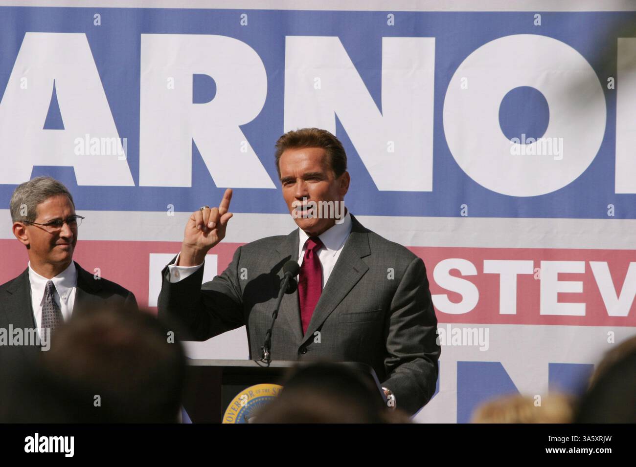 Oct 25, 2004; Menlo Park, CA, USA; California Governor ARNOLD SCHWARZENEGGER spoke at a rally to endorse Pro-Choice, Pro-Environment Republican candidate, STEVE POINZNER, who is running for a seat on the California State Assembly in the 21st District, currently held by Domocrat, Joe Simitian. The rally was held at the Stanford Court Hotel's court yard. Stock Photo
