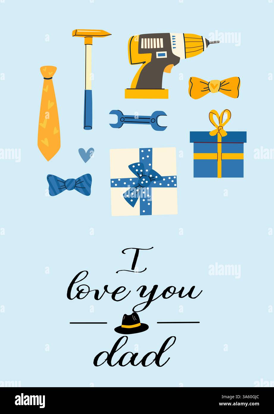 Father's day card with gift boxes and tools on light blue background. Stock Vector