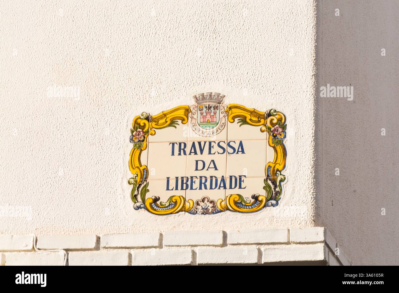 Tile street sign in old town, albufeira, faro, district, algarve, portugal, europe. Stock Photo