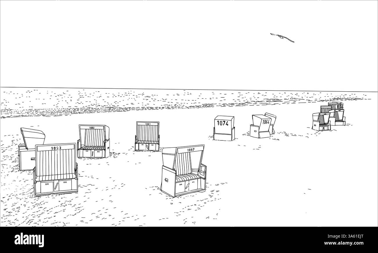 vector-line-art-illustration-of-a-sylt-beach-scene-featuring