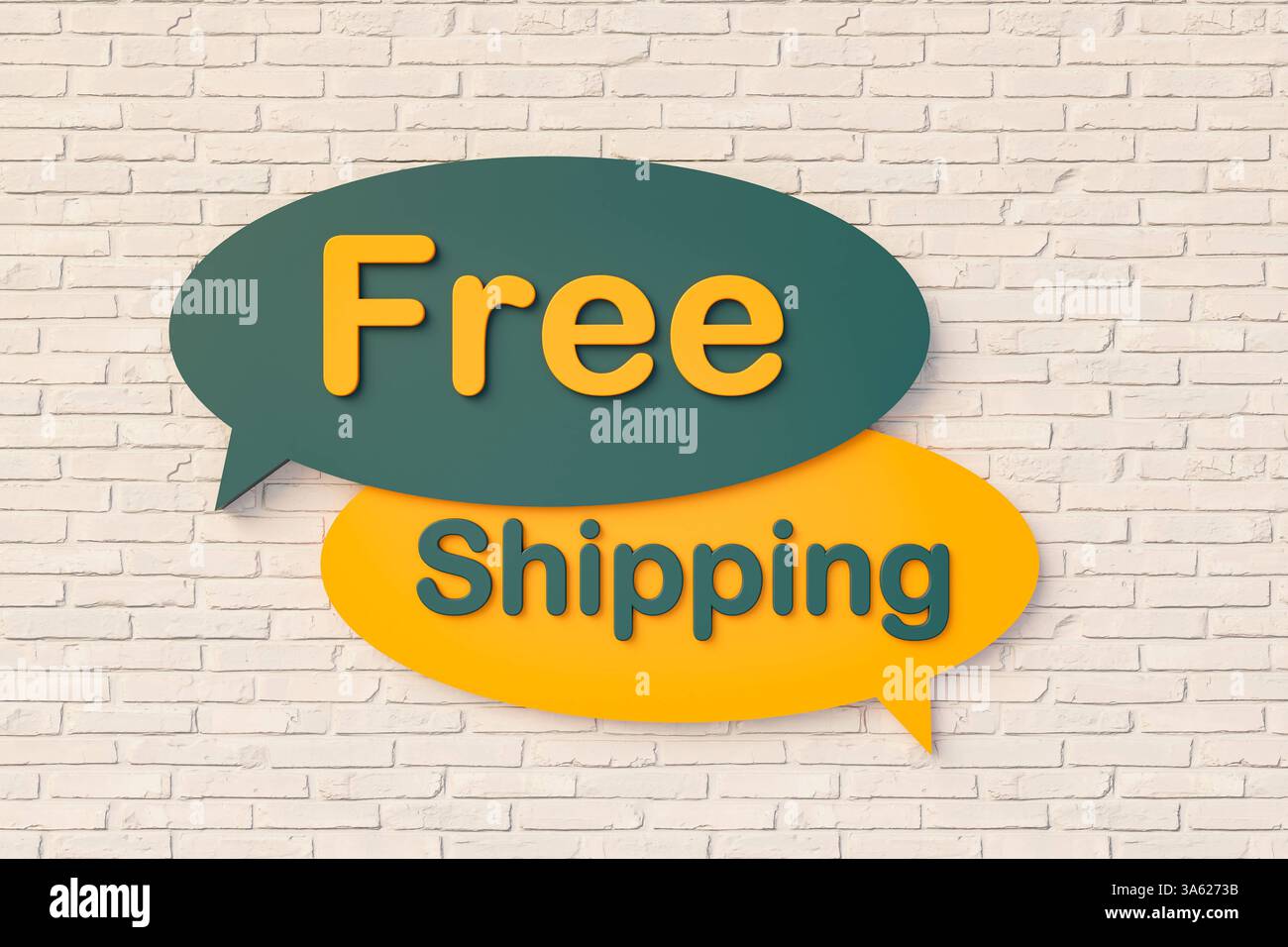 Free Shipping. Free Shipping. Cartoon speech bubble in yellow and dark green, brick wall. Delivering, business Â , transportation, services, sending. 3D illustration text bubble A105 free shipping Stock Photo