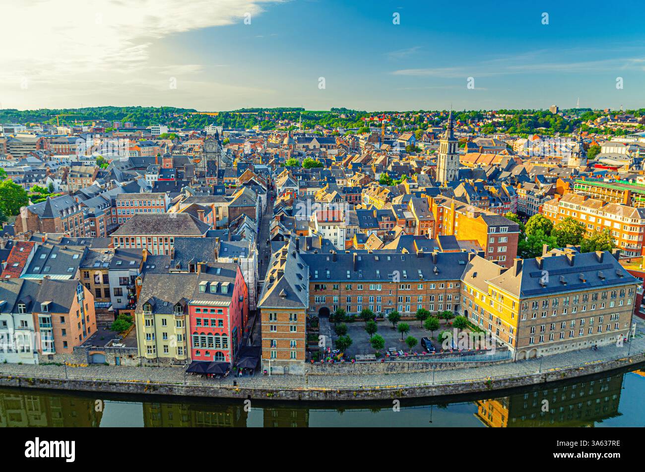 Namur cityscape, aerial panoramic view of old town Namur city historical center with Sambre river embankment, skyline panorama of Namur with fields on Stock Photo