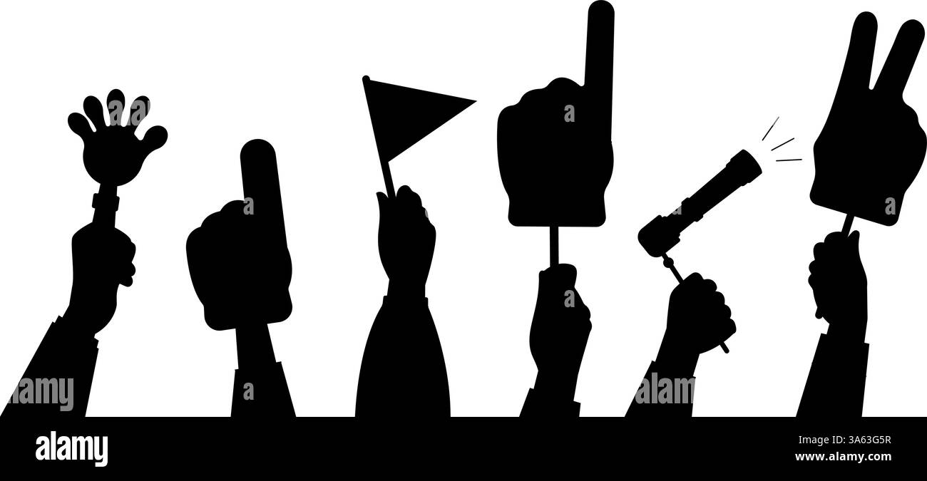 Fan hands banner. Human hand hold flag, foam fingers, beep. Isolated sport fans, festival black arm silhouettes. Party, competition vector background Stock Vector