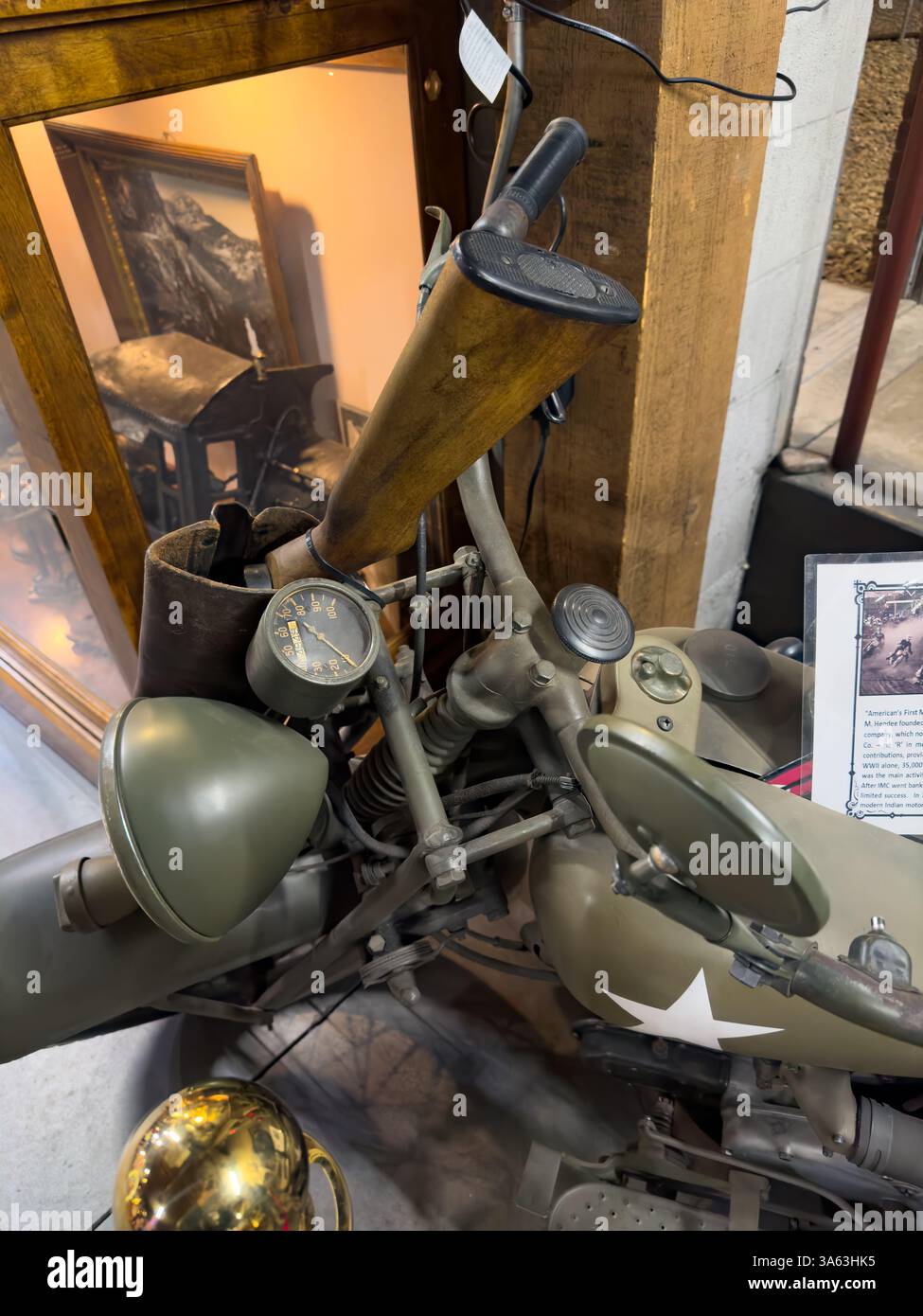 Detail of a WW II vintage Indian Motorcycle in U.S. Army livery in the ...