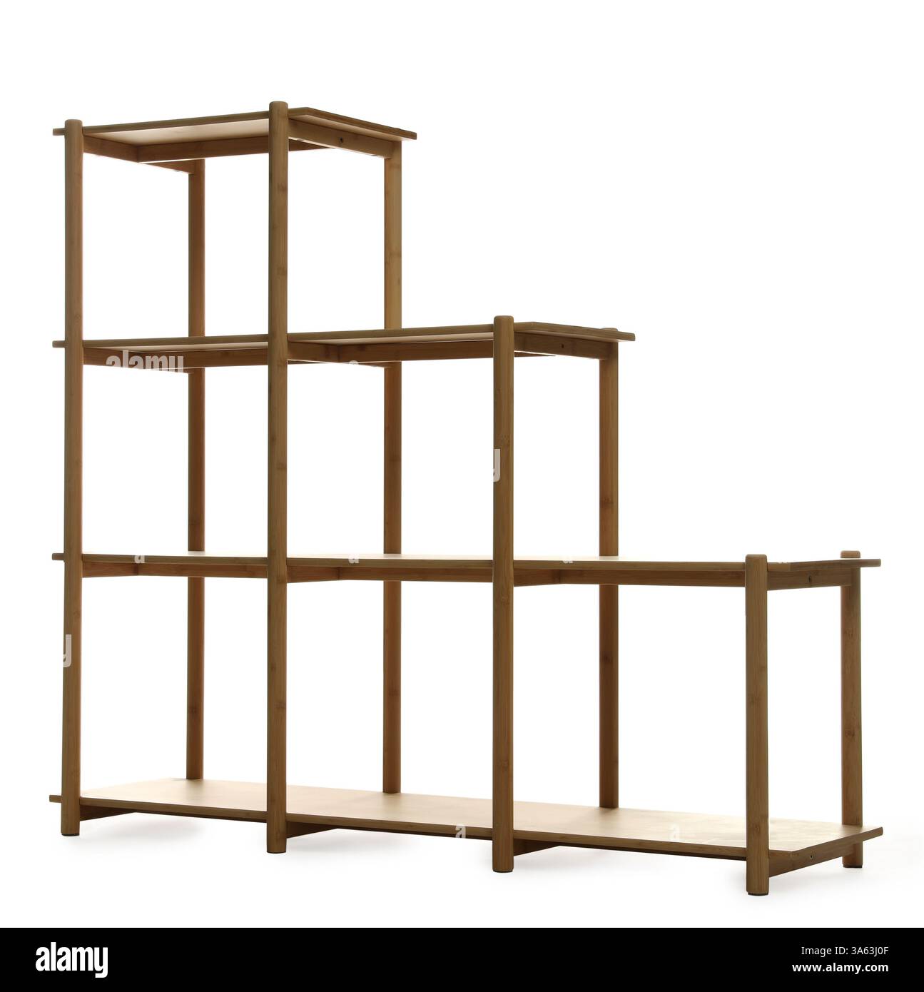 Empty wooden shelving unit isolated on white Stock Photo