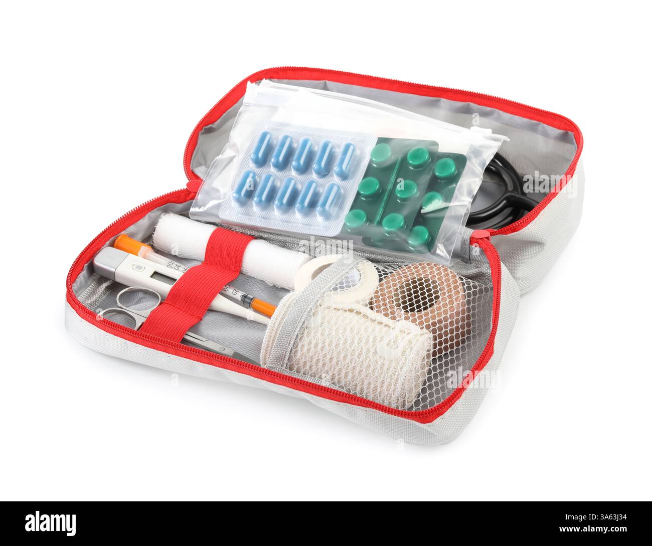 First aid kit. Different medical supplies in bag isolated on white ...