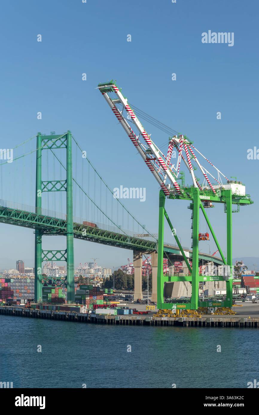 View Of Industrial Cranes And Vincent Thomas Bridge Los Angeles Port 