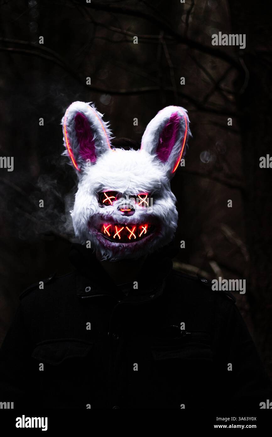 Creepy LED Bunny Mask in Dark Forest - Spooky Halloween Horror Concept ...