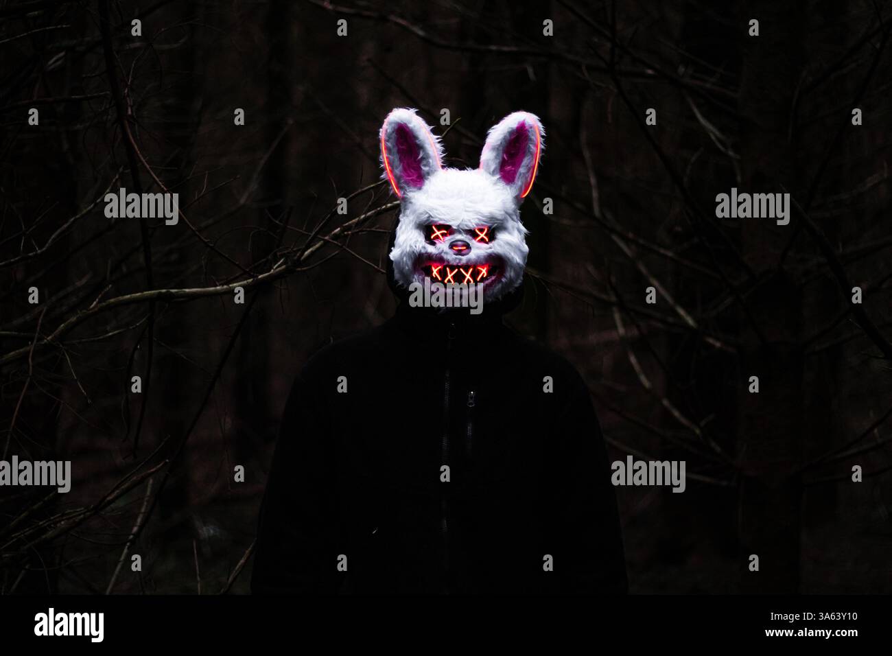 Creepy LED Bunny Mask in Dark Forest - Spooky Halloween Horror Concept ...