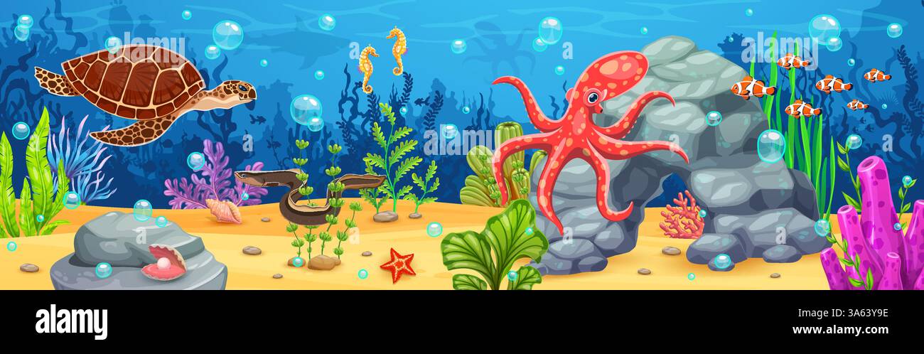 Cartoon underwater landscape, game background with sea animals and fish ...