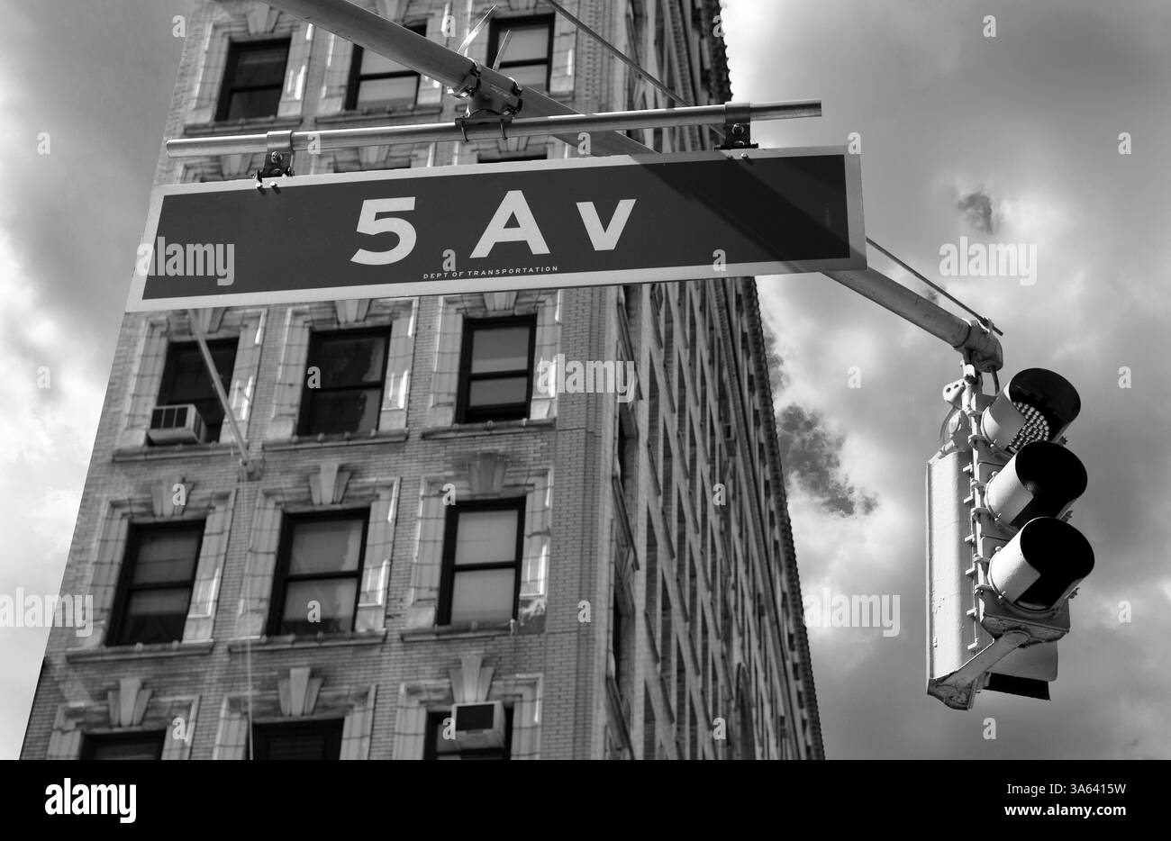 Street sign of 5th Avenue with traffic light, New York City, USA, North America Stock Photo