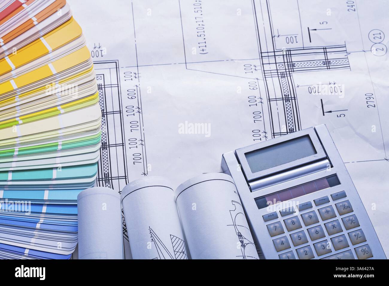 Composition architect objects rolled blueprints calculator color ...