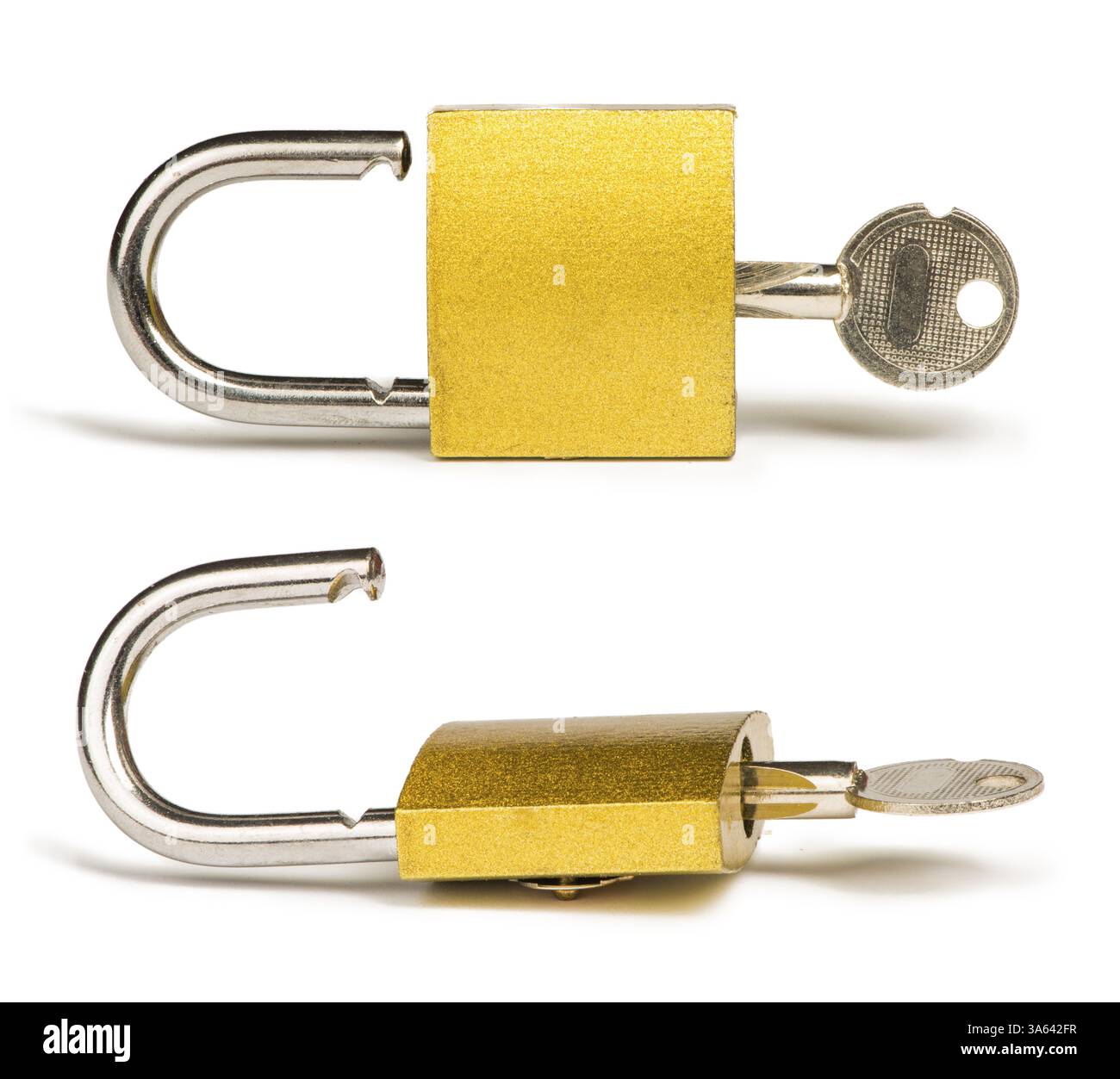 Yellow padlock and keys isolated studio shot Stock Photo