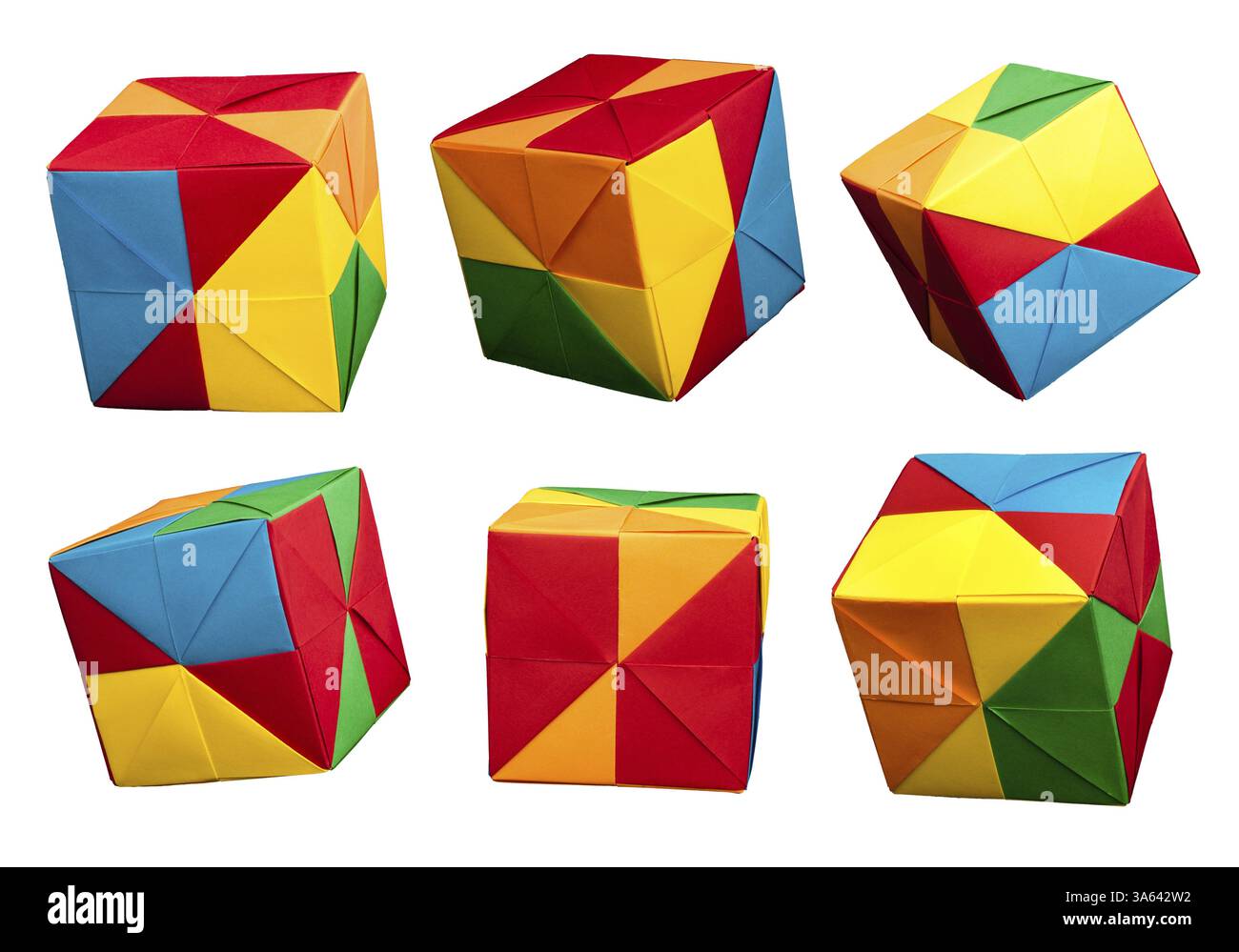 Paper made multi colored patterned cubes folded origami style Stock Photo