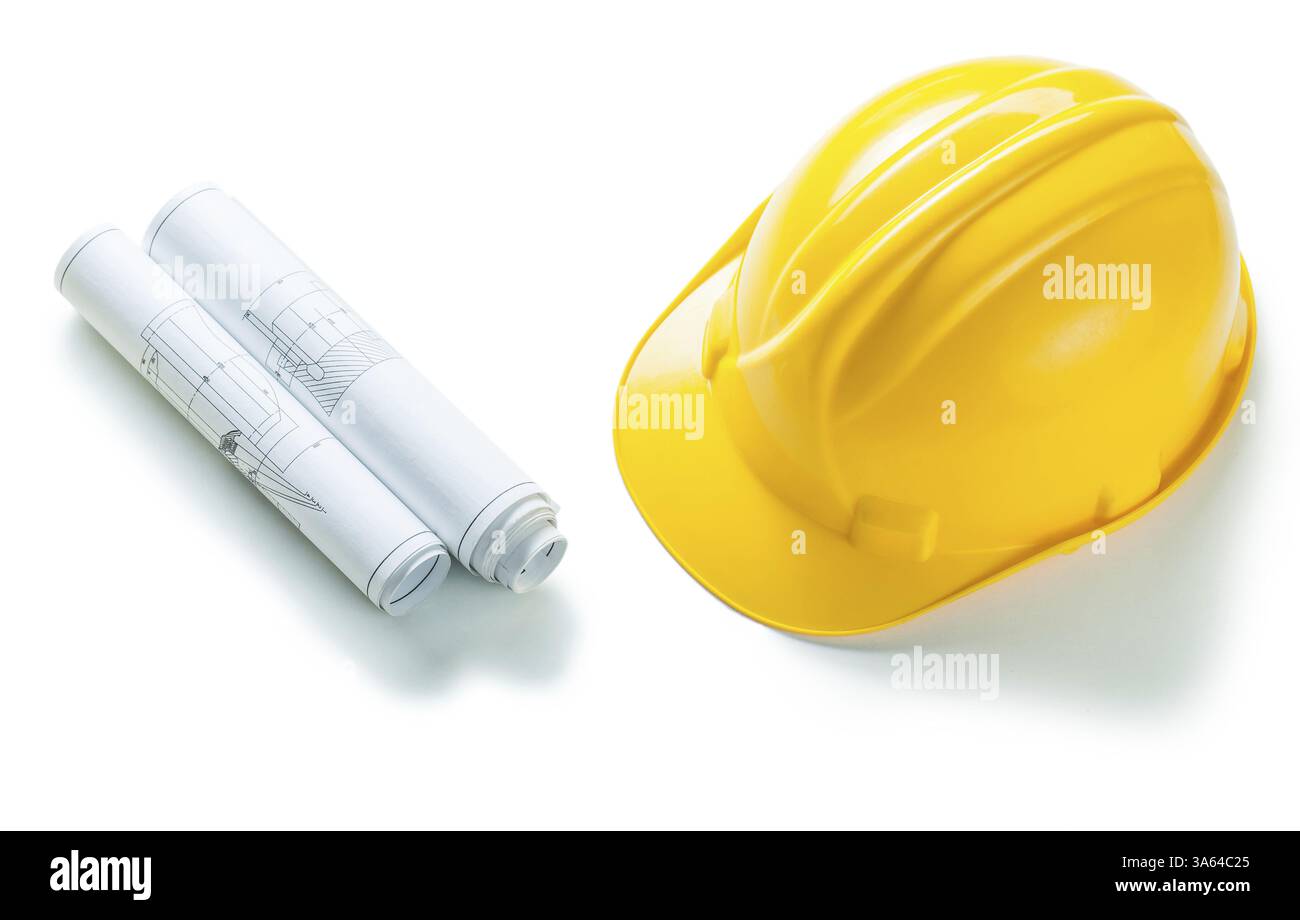 Rolled blueprints and helmet isolated on white Stock Photo - Alamy