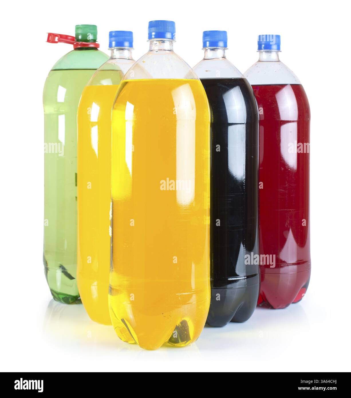 Carbonated drinks in plastic bottles. Multicolored drinks. Studio shot Stock Photo