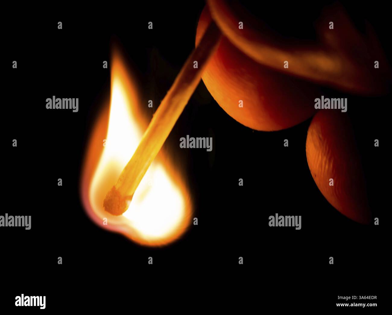 Fire from match in darkness. Hand holding match Stock Photo