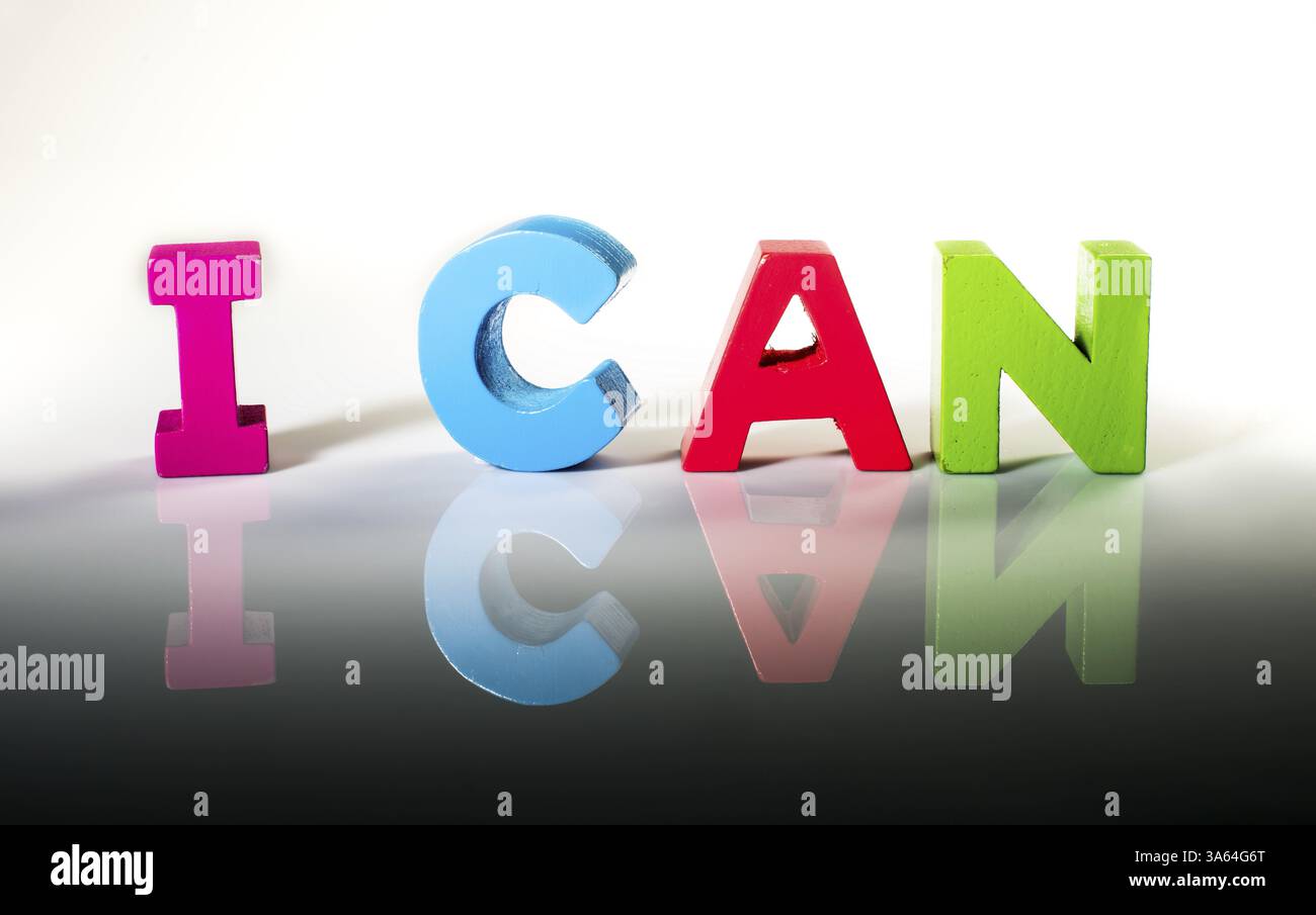 Multicolored text I can made of wood. White background Stock Photo