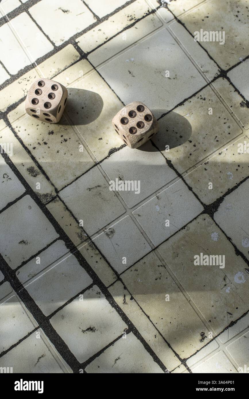 Two wooden dices on table Stock Photo