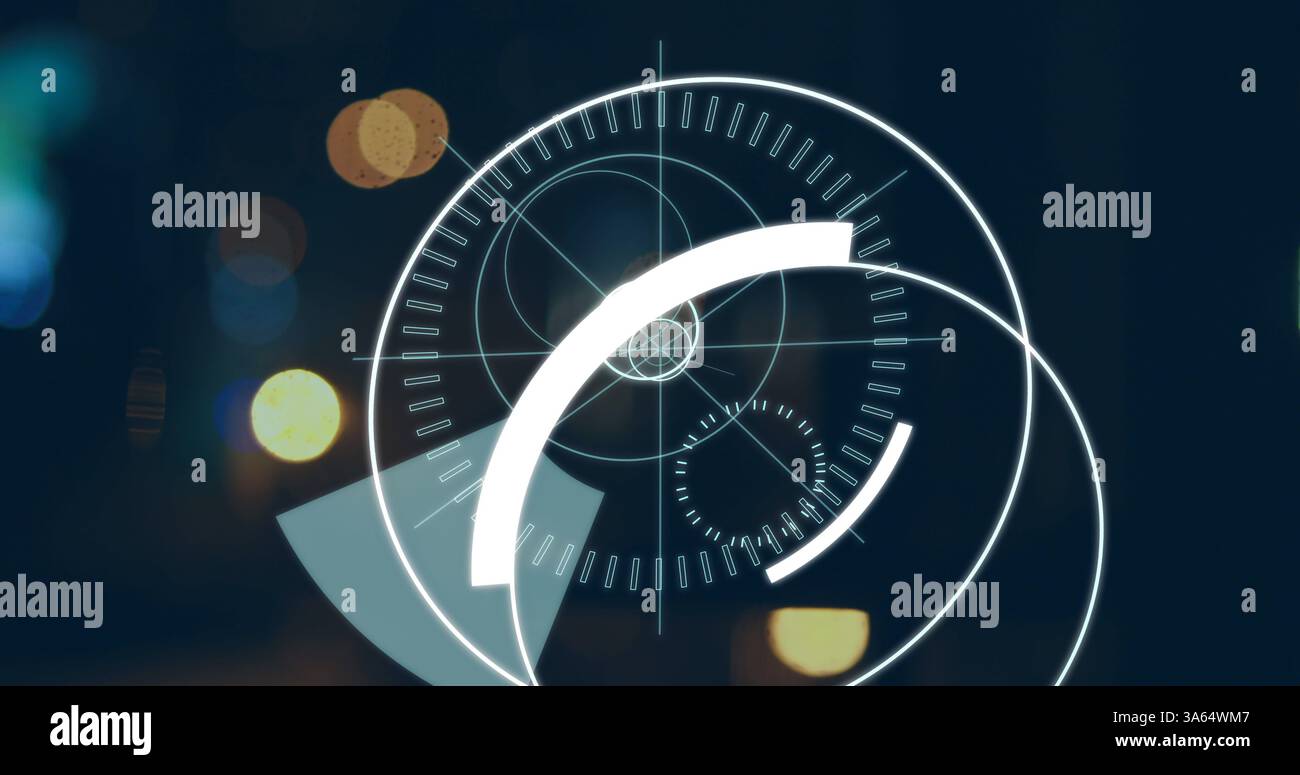 Futuristic digital interface with glowing circles and lines on dark ...