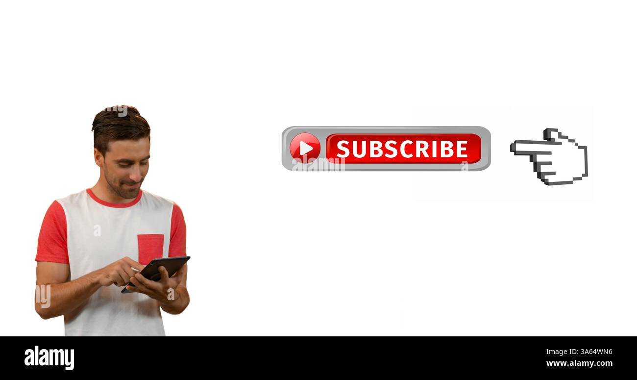 Man using tablet pointing at subscribe button, engaging with digital content Stock Photo