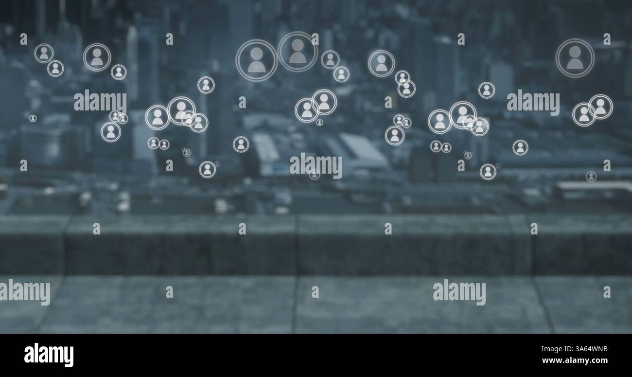 Floating digital network icons over cityscape, representing global connectivity Stock Photo