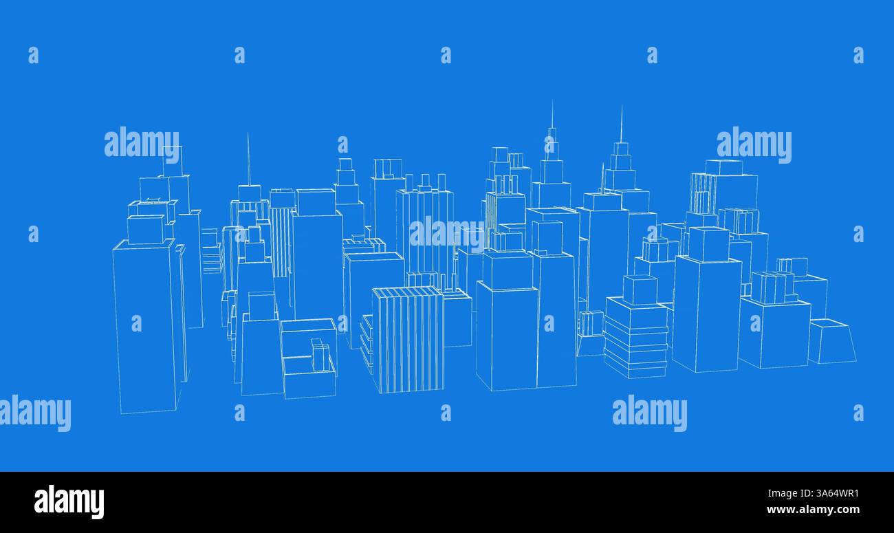 Abstract cityscape illustration showing modern urban skyline with blue background Stock Photo