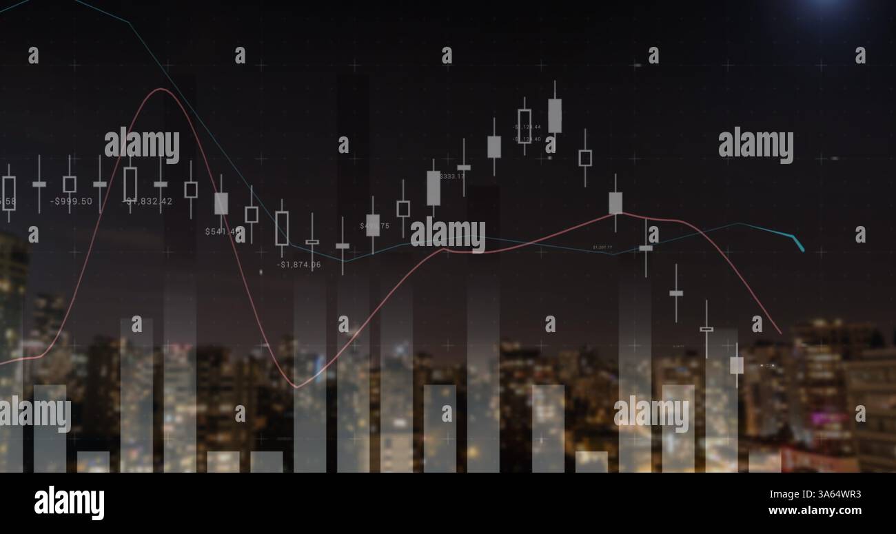 Financial chart with candlestick graph overlaying city skyline at night ...