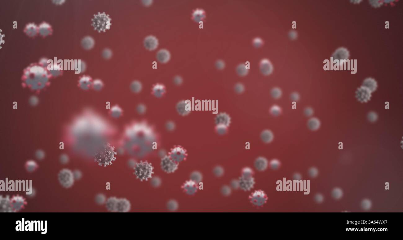 Floating virus particles on red background illustrating global health ...