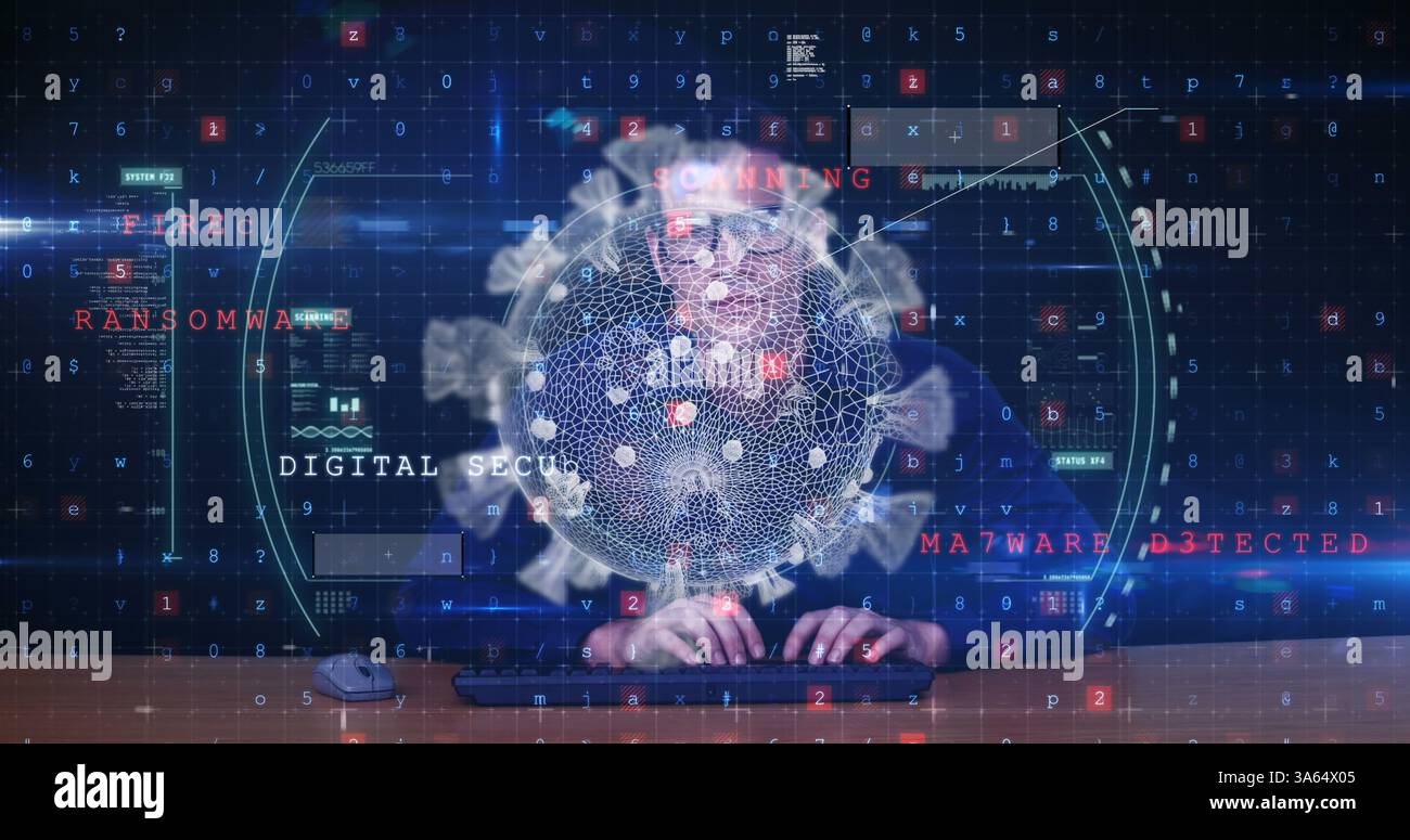 Analyzing digital threats, cybersecurity expert on computer with virus graphics overlay Stock Photo
