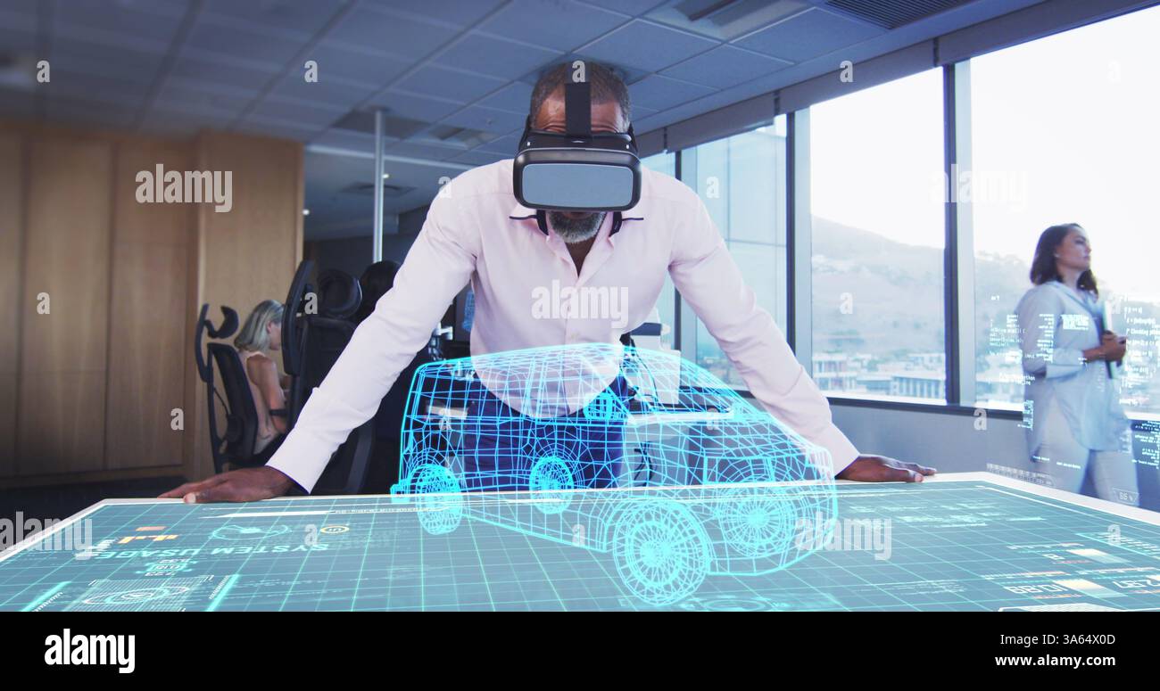 Man using VR headset interacting with holographic car model in modern ...