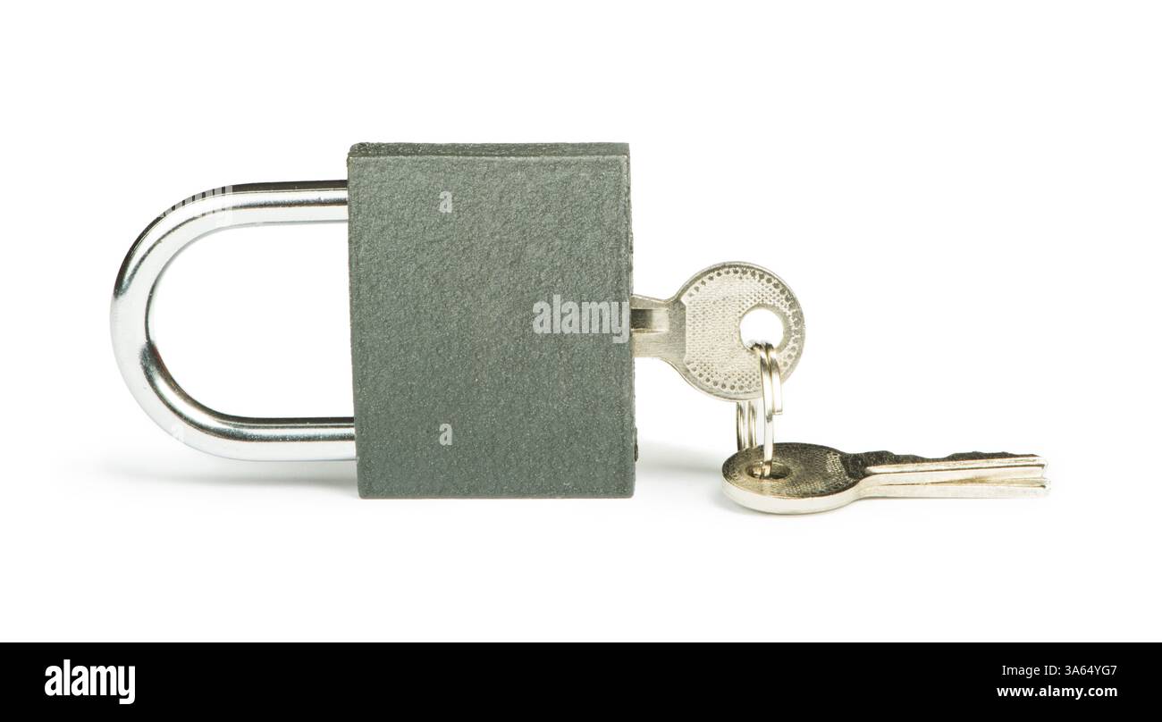Grey padlock and keys isolated studio shot Stock Photo