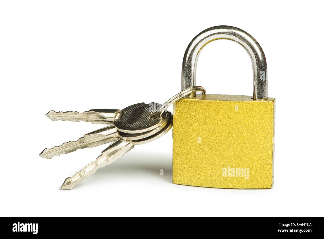 Yellow padlock and keys isolated studio shot Stock Photo