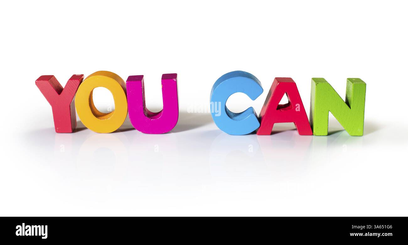 Multicolored text you can of wood. White background Stock Photo