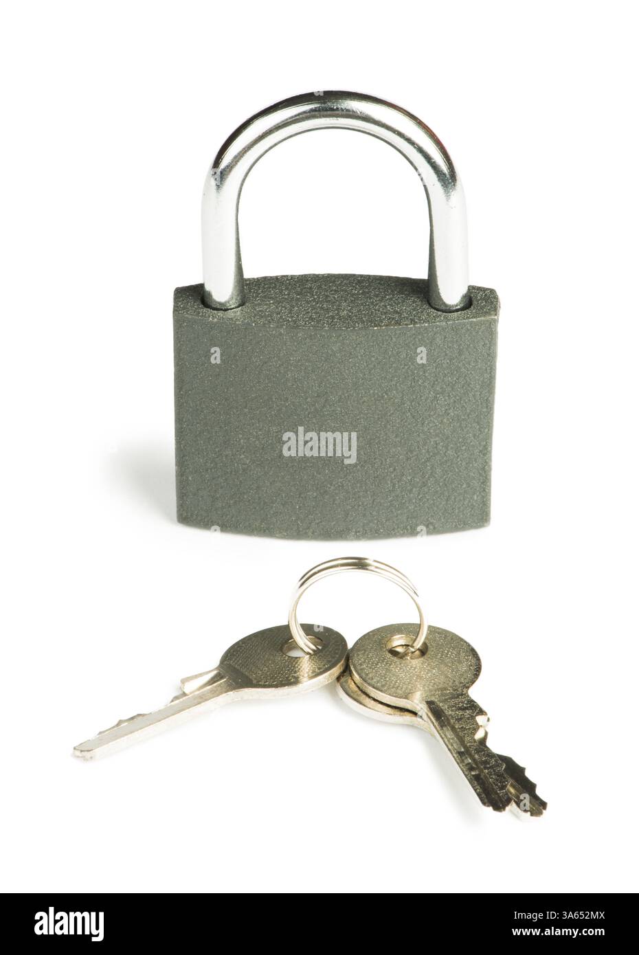 Grey padlock and keys isolated studio shot Stock Photo