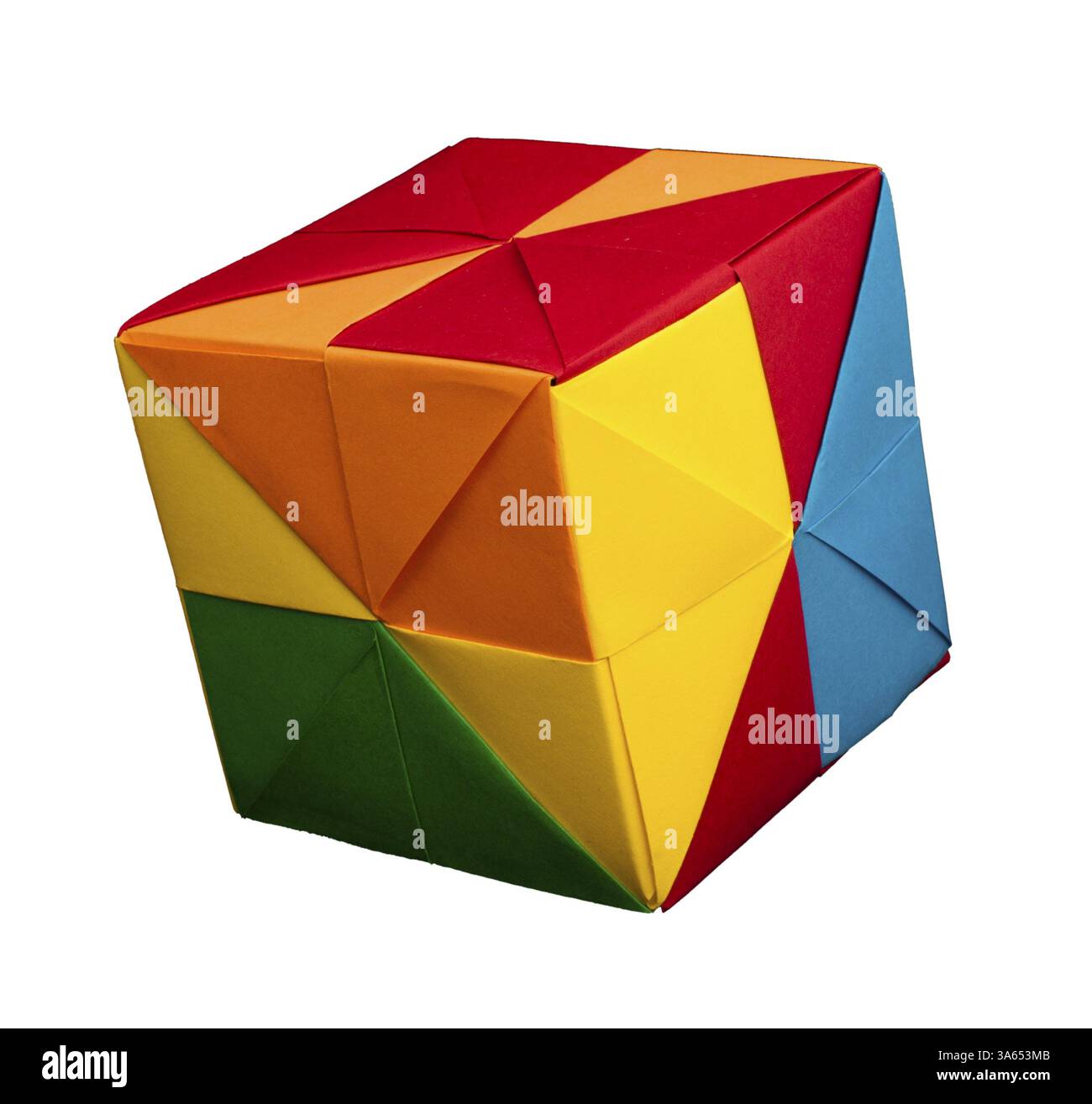 Paper made multi colored patterned cubes folded origami style Stock Photo