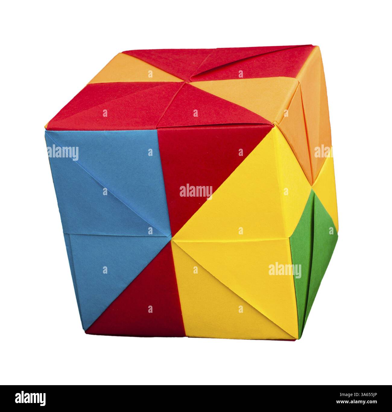 Paper made multi colored patterned cubes folded origami style Stock Photo