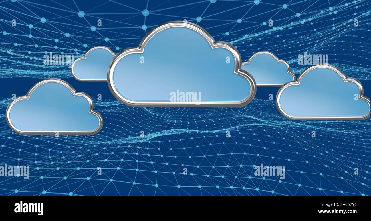 Digital cloud icons floating over network grid, representing online data storage Stock Photo
