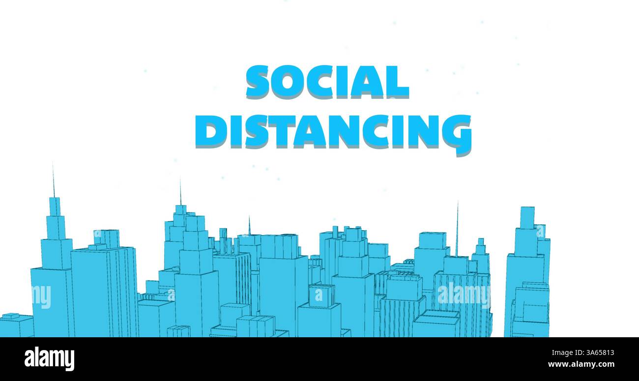 Cityscape illustration with Social Distancing text above blue buildings Stock Photo