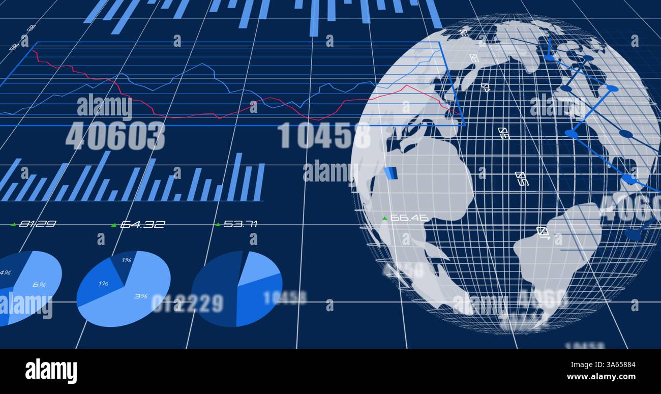 Image of interface with numbers changing, globe spinning over statistics recording Stock Photo