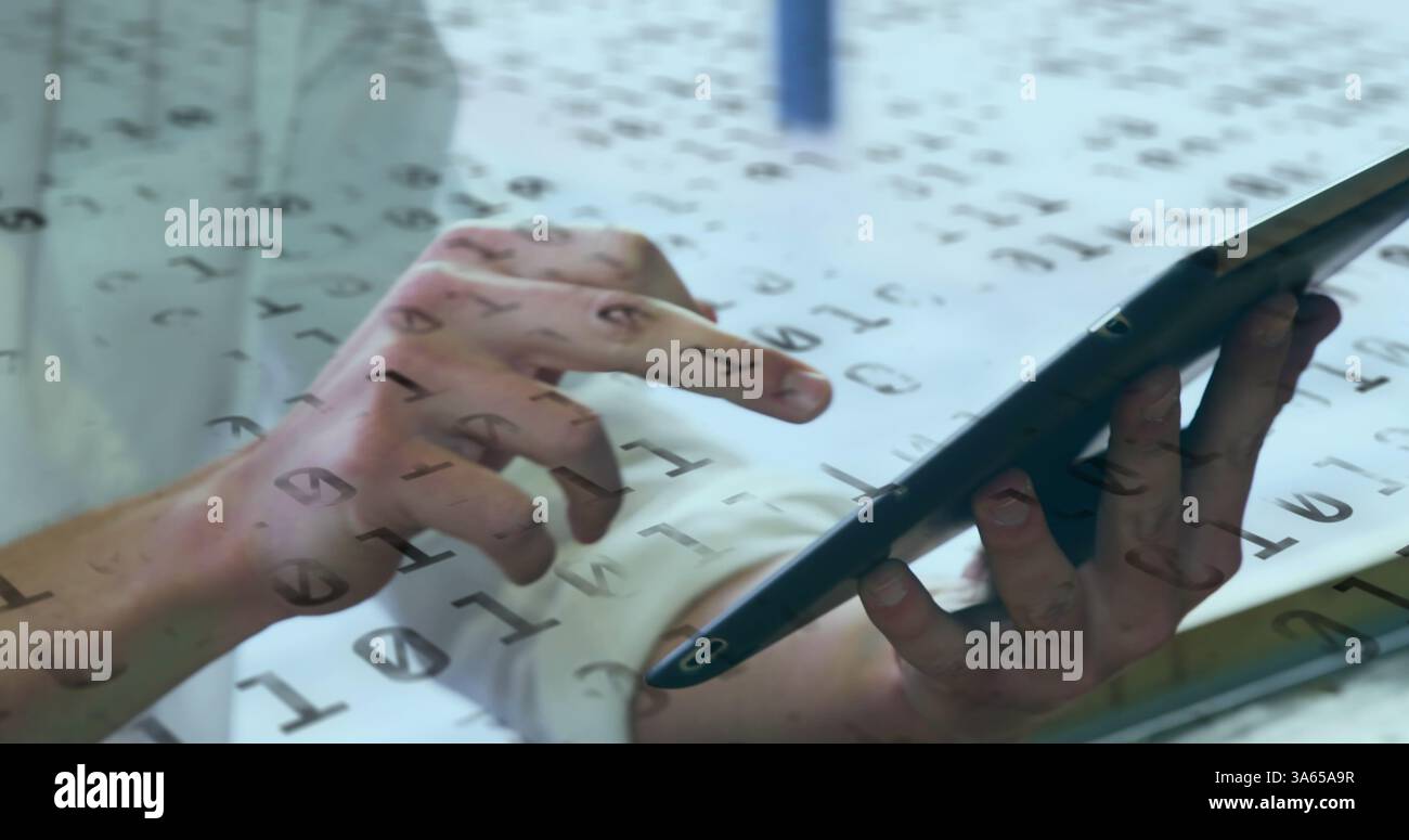 Image of binary coding numbers changing over woman using tablet Stock Photo
