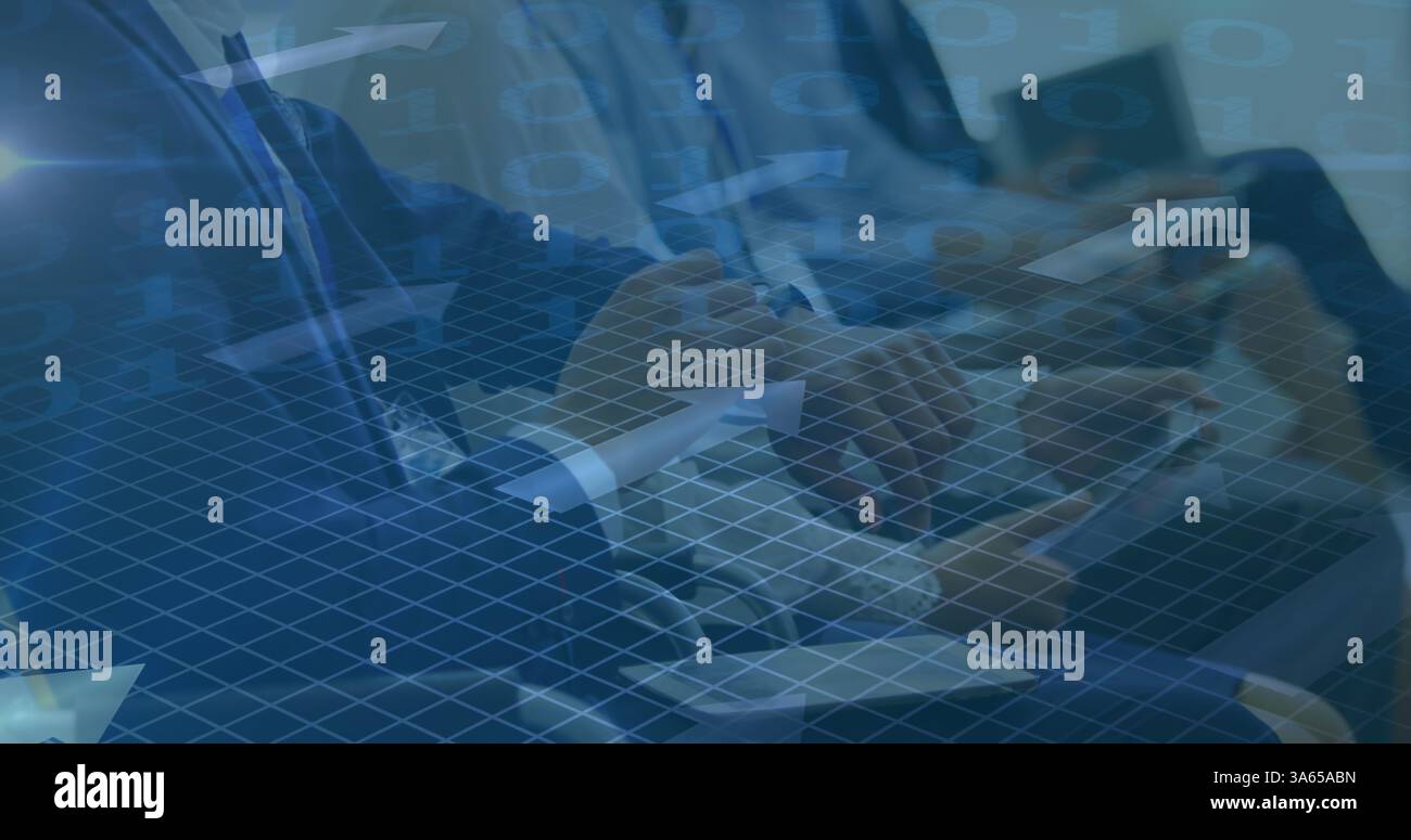 Image of binary coding and arrows over people using electronic devices Stock Photo