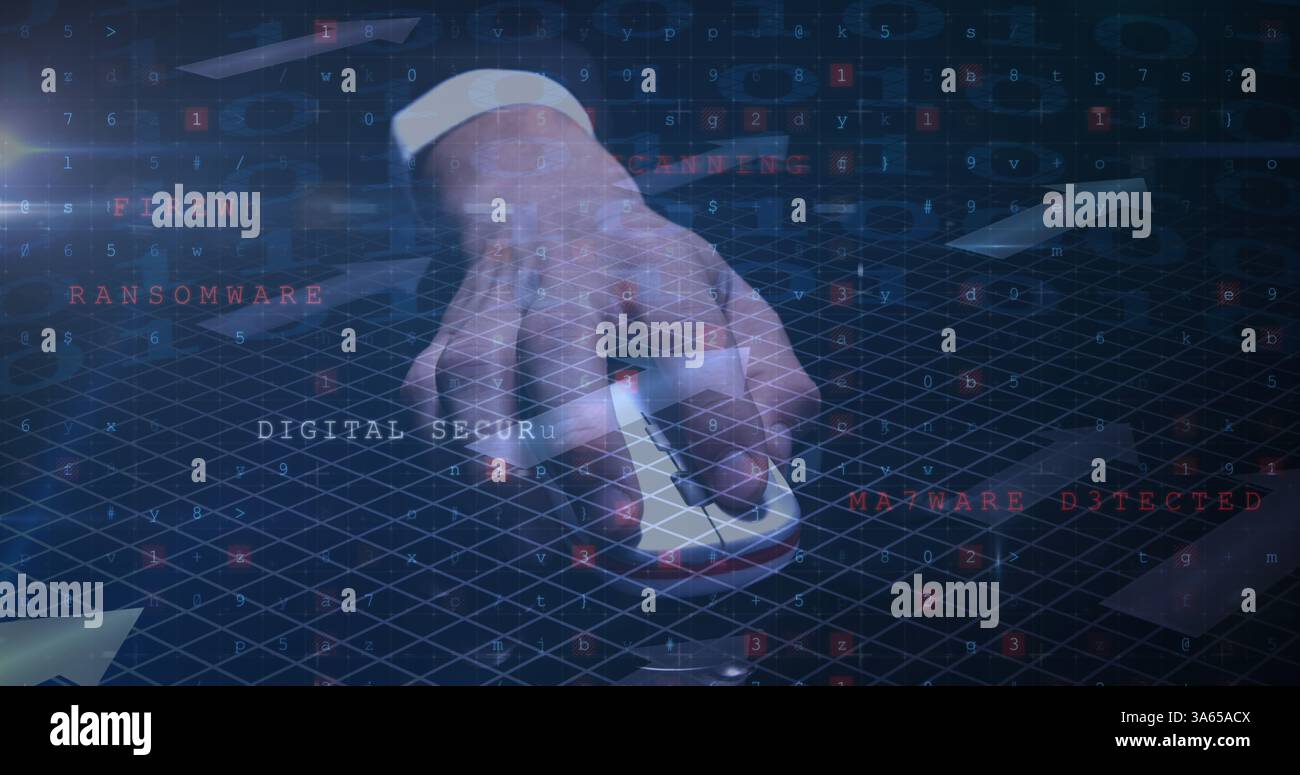 Image of cyber attack warning text over man using mouse Stock Photo