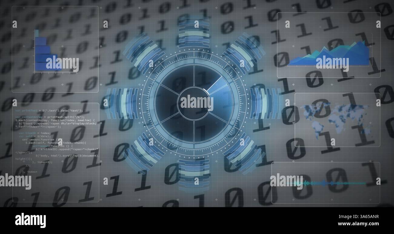 Image of scope scanning, data processing and binary coding numbers changing Stock Photo