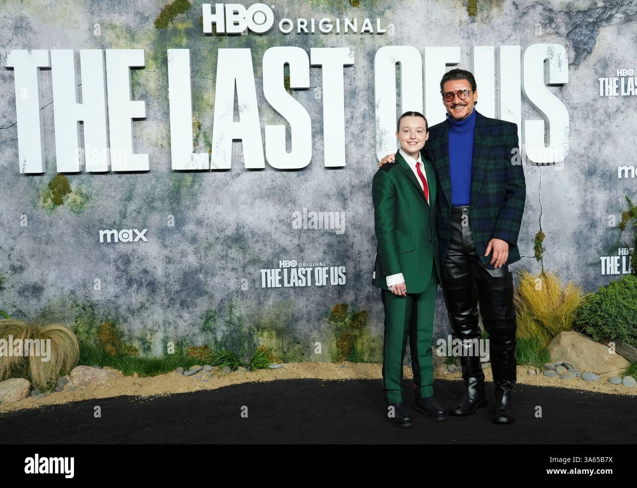 Bella Ramsey, left, and Pedro Pascal arrive at the season two premiere of "The Last of Us" on