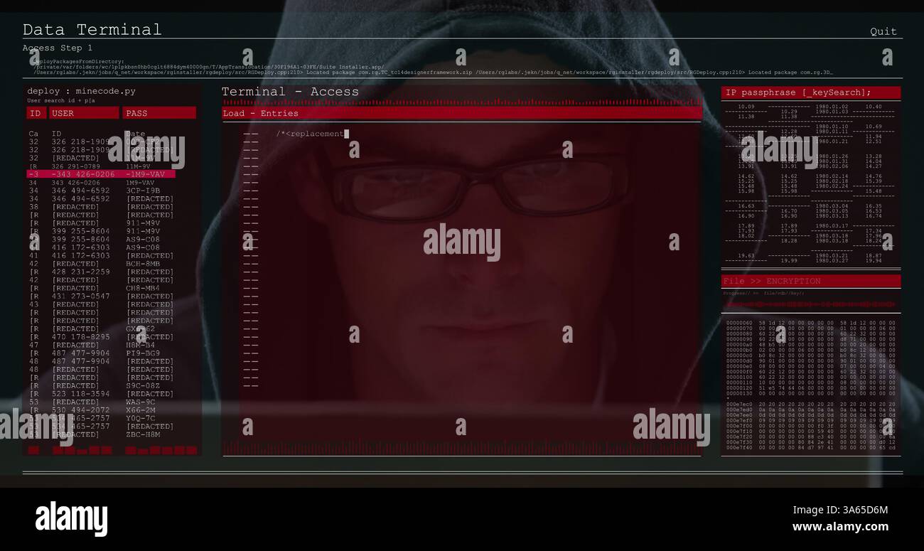 Image of data processing on computer screens over male hacker using computer Stock Photo